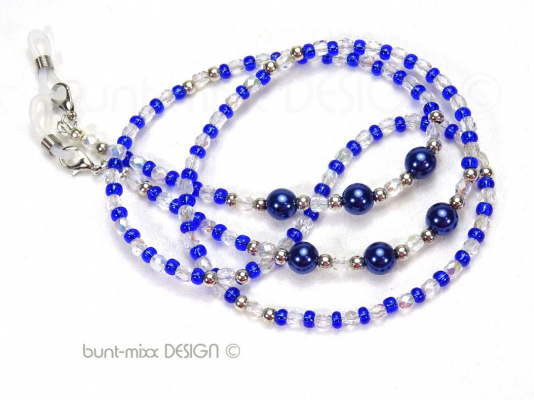 Brillenkette Perlenband 74 cm BLAU royalblau silbern - Kopie
