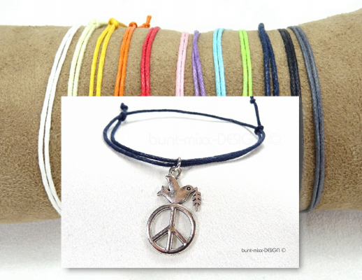 Armband viele Farben, verstellbar unisex, Surferarmband, Anhänger Peace, Freundschaftsarmband Schiebeknoten, by BuntMixxDESIGN