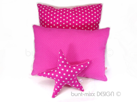 Preview: SET 3 Teile, 2 Kissen und 1 Stern Kissen,rosa pink weiß, Schmusekissen. Mit Kissenfüllung. für Zuhause und unterwegs, Dekokissen