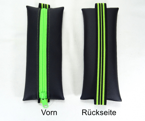 Mäppchen Kunstleder schwarz, Gummiband neon grün Streifen, A5 Kalender, A4 Ordner, handmade by BuntMixxDesign