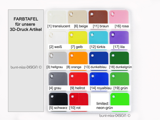 Farbtafel von BuntMixx für 3D Druck  Filament