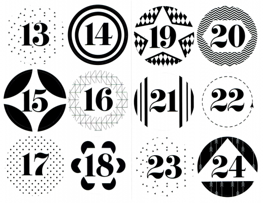 Adventskalenderzahlen 1-24 schwarz weiß, 4 cm Sticker, Aufkleber