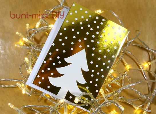 5 Karten mit Umschlag, Weihnachtskarten, Klappkarte goldfarben glänzend, Tanne Tannenbaum