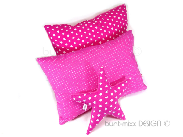 SET 3 Teile, 2 Kissen und 1 Stern Kissen,rosa pink weiß, Schmusekissen. Mit Kissenfüllung. für Zuhause und unterwegs, Dekokissen