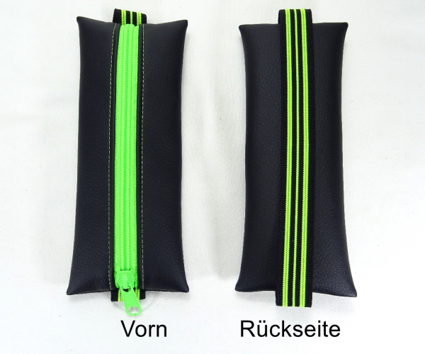 Mäppchen Kunstleder schwarz, Gummiband neon grün Streifen, A5 Kalender, A4 Ordner, handmade by BuntMixxDesign