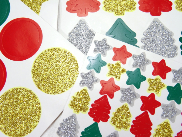 Sticker Aufkleber Weihnachtsmotive mit Glitzer, christmas sticker, Tannenbaum Sterne