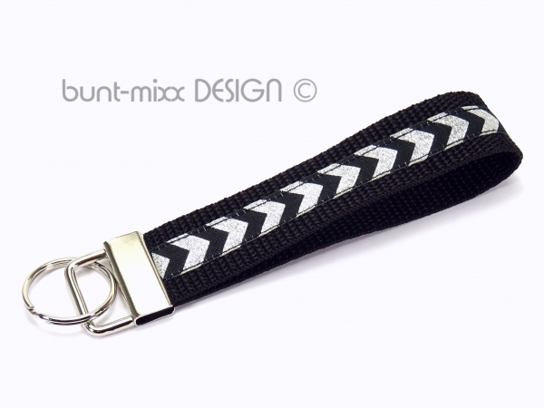 Schlüsselband Chevron schwarz silber, ZickZack Webband glitzernd, Schlüsselanhänger, by BuntMixxDESIGN