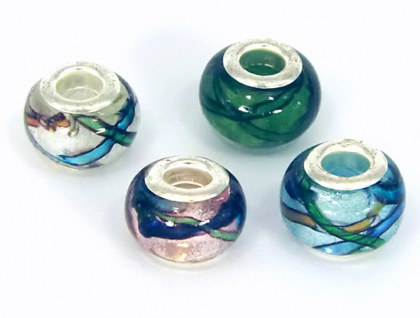 SET 4 St. MODULPERLEN silber,grün,hellblau,rosa MURANO-Stil