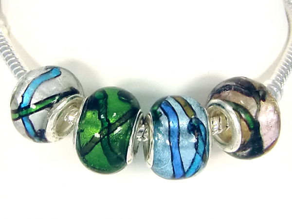 SET 4 St. MODULPERLEN silber,grün,hellblau,rosa MURANO-Stil
